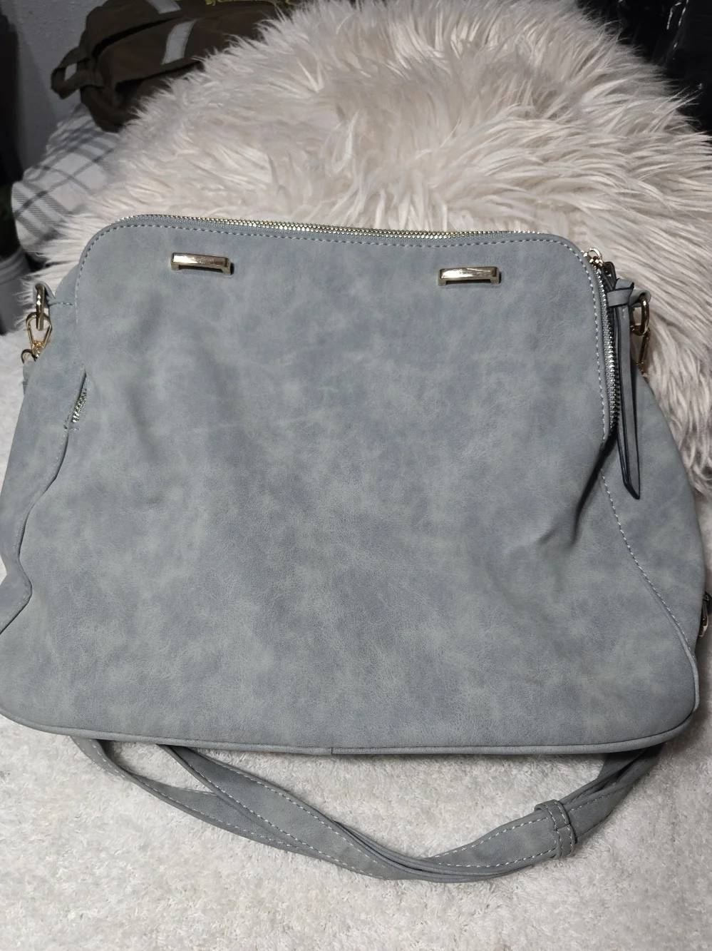 Grey Blue Faux Suede Braided Boho Convertible Crossbody Handbag Detachable Strap